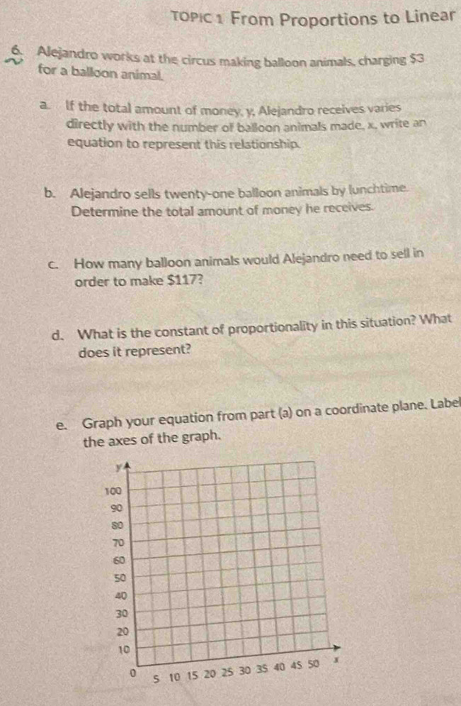 тоPc 1 From Proportions to Linear 
6. Alejandro works at the circus making balloon animals, charging $3
for a balloon animal. 
a. If the total amount of money, y, Alejandro receives varies 
directly with the number of balloon animals made, x, write an 
equation to represent this relationship. 
b. Alejandro sells twenty-one balloon animals by lunchtime. 
Determine the total amount of money he receives. 
c. How many balloon animals would Alejandro need to sell in 
order to make $117? 
d. What is the constant of proportionality in this situation? What 
does it represent? 
e. Graph your equation from part (a) on a coordinate plane. Label 
the axes of the graph.