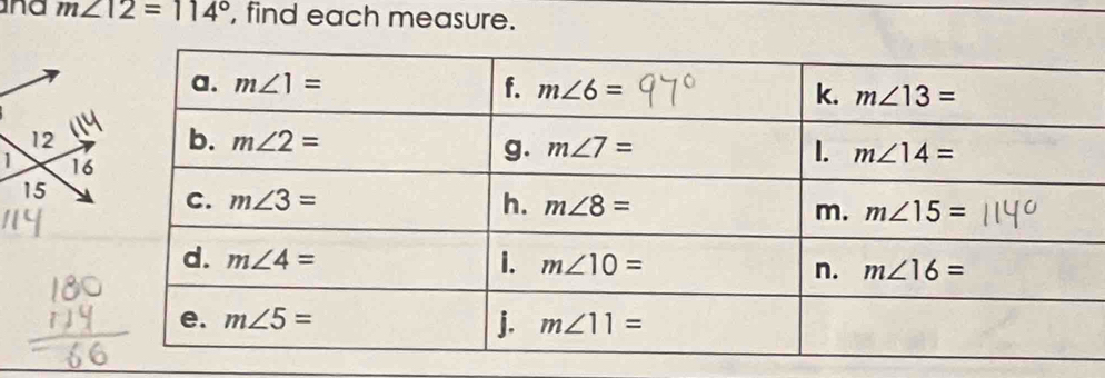 na m∠ 12=114° , find each measure.