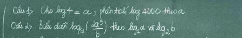 Canb Cho) y^2=a ) phan tich log 4000 thwoa 
Can dy Bilu dven log _2( 2a^5/b ) theo log _2a· sqrt(2)log _2b