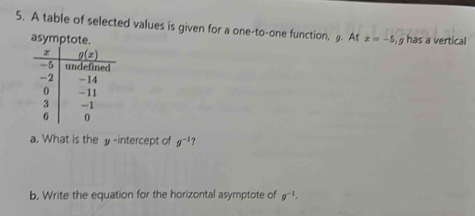 A table of selected values is given for a one-to-one function, . At x=-5 has a vertical
as
a. What is the -intercept of g^(-1) ?
b. Write the equation for the horizontal asymptote of g^(-1).