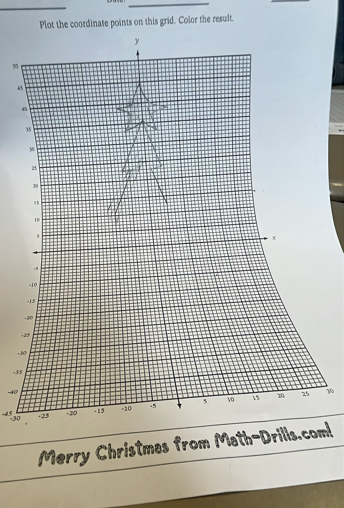 Plot the coordinate points on this grid. Color the result.
50
45
4
-
-3
-35
-4030
-45
-30
Merry Christmas from Math-Drills.com!