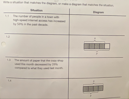 Write a situation that matches the diagram, or make a diagram that matches th