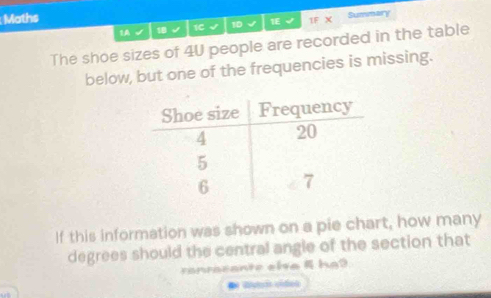 Maths 1C √ 1D 1E 1F 
1A √ 18 Summary 
The shoe sizes of 40 people are recorded in the table 
below, but one of the frequencies is missing. 
If this information was shown on a pie chart, how many 
degrees should the central angle of the section that 
ronracante elva i ha? 
● l vides