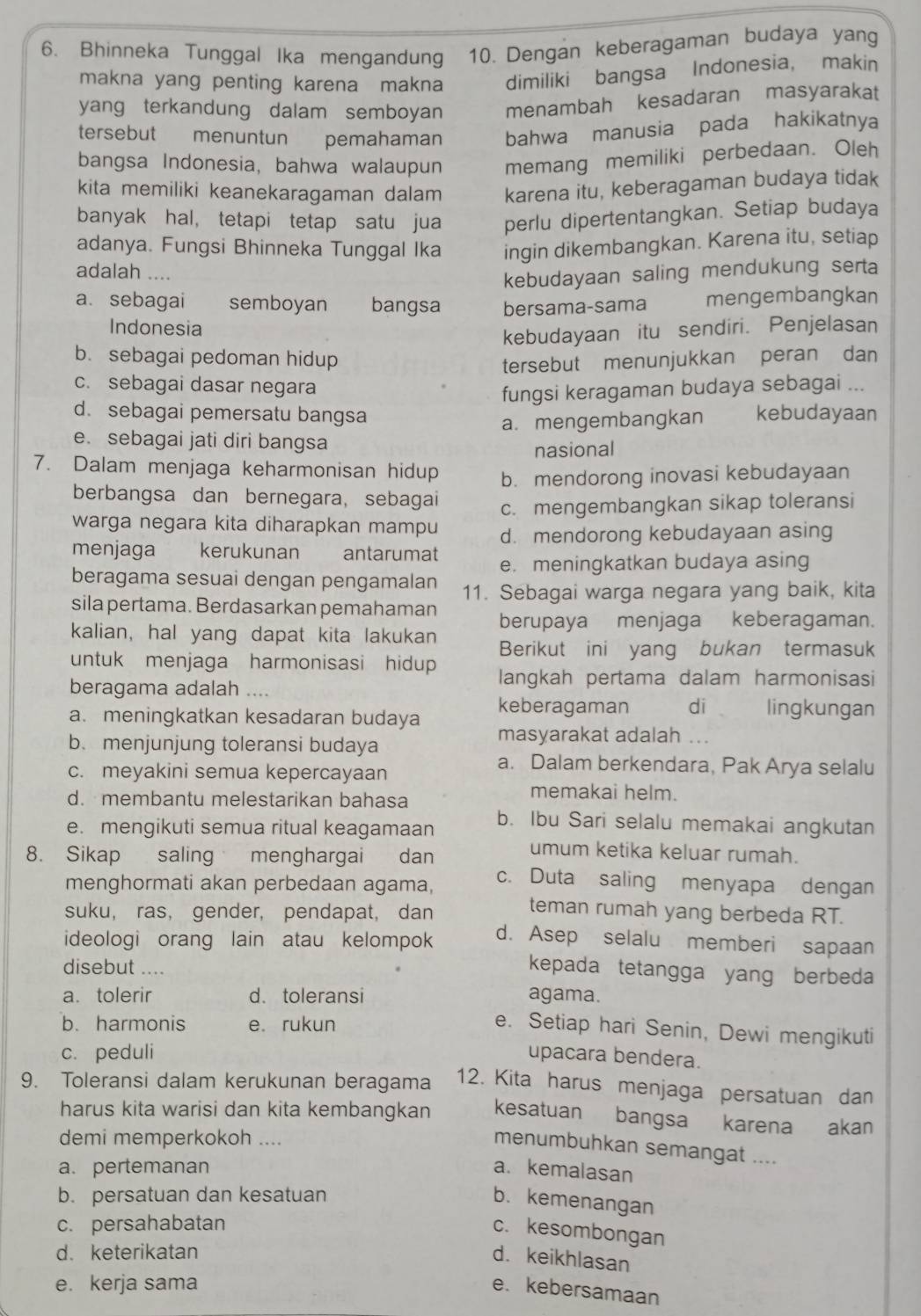 Bhinneka Tunggal Ika mengandung 10. Dengan keberagaman budaya yang
makna yang penting karena makna dimiliki bangsa Indonesia， makin
yang terkandung dalam semboyan menambah kesadaran masyarakat
tersebut menuntun pemahaman bahwa  manusia pada  hakikatnya
bangsa Indonesia, bahwa walaupun memang memiliki perbedaan. Oleh
kita memiliki keanekaragaman dalam karena itu, keberagaman budaya tidak
banyak hal， tetapi tetap satu jua perlu dipertentangkan. Setiap budaya
adanya. Fungsi Bhinneka Tunggal Ika ingin dikembangkan. Karena itu, setiap
adalah ....
kebudayaan saling mendukung serta
a. sebagai semboyan bangsa bersama-sama mengembangkan
Indonesia
kebudayaan itu sendiri. Penjelasan
b. sebagai pedoman hidup
tersebut menunjukkan peran dan
c. sebagai dasar negara
fungsi keragaman budaya sebagai ...
d. sebagai pemersatu bangsa   kebudayaan
a. mengembangkan
e. sebagai jati diri bangsa
nasional
7. Dalam menjaga keharmonisan hidup b. mendorong inovasi kebudayaan
berbangsa dan bernegara, sebagai
c. mengembangkan sikap toleransi
warga negara kita diharapkan mampu d. mendorong kebudayaan asing
menjaga kerukunan antarumat
e. meningkatkan budaya asing
beragama sesuai dengan pengamalan 11. Sebagai warga negara yang baik, kita
sila pertama. Berdasarkan pemahaman berupaya menjaga keberagaman.
kalian, hal yang dapat kita lakukan Berikut ini yang bukan termasuk
untuk menjaga harmonisasi hidup langkah pertama dalam harmonisasi
beragama adalah ....
keberagaman di lingkungan
a. meningkatkan kesadaran budaya masyarakat adalah ...
b.menjunjung toleransi budaya
c. meyakini semua kepercayaan
a. Dalam berkendara, Pak Arya selalu
d. membantu melestarikan bahasa
memakai helm.
e. mengikuti semua ritual keagamaan
b. Ibu Sari selalu memakai angkutan
8. Sikap saling menghargai dan
umum ketika keluar rumah.
menghormati akan perbedaan agama, c. Duta saling menyapa dengan
suku， ras， gender, pendapat, dan
teman rumah yang berbeda RT.
ideologi orang lain atau kelompok
d. Asep selalu memberi sapaan
disebut ....
kepada tetangga yang berbeda
a. tolerir d. toleransi agama.
b. harmonis e. rukun
e. Setiap hari Senin, Dewi mengikuti
c. peduli upacara bendera.
9. Toleransi dalam kerukunan beragama 12. Kita harus menjaga persatuan dan
harus kita warisi dan kita kembangkan kesatuan bangsa karena akan
demi memperkokoh ....
menumbuhkan semangat ....
a. pertemanan a. kemalasan
b. persatuan dan kesatuan
b. kemenangan
c. persahabatan
c. kesombongan
d. keterikatan
d. keikhlasan
e. kerja sama
e. kebersamaan