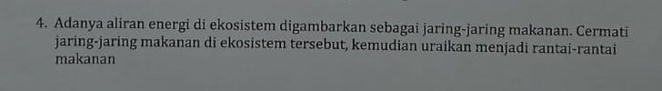 Adanya aliran energi di ekosistem digambarkan sebagai jaring-jaring makanan. Cermati 
jaring-jaring makanan di ekosistem tersebut, kemudian uraikan menjadi rantai-rantai 
makanan