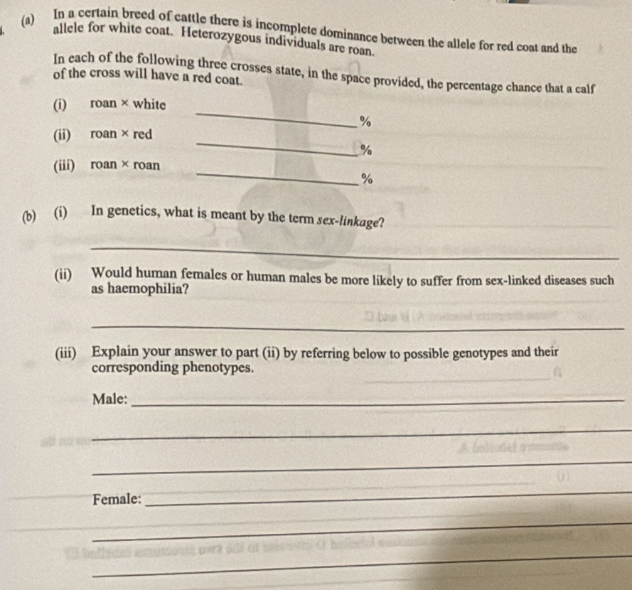 In a certain breed of cattle there is incomplete dominance between the allele for red coat and the 
allele for white coat. Heterozygous individuals are roan. 
In each of the following three crosses state, in the space provided, the percentage chance that a calf 
of the cross will have a red coat. 
_ 
(i) roan × white
%
_ 
(ii) roan× red
%
_ 
(iii) roan × roan
%
(b) (i) In genetics, what is meant by the term sex-linkage? 
_ 
(ii) Would human females or human males be more likely to suffer from sex-linked diseases such 
as haemophilia? 
_ 
(iii) Explain your answer to part (ii) by referring below to possible genotypes and their 
_ 
corresponding phenotypes. 
Male:_ 
_ 
_ 
_ 
_ 
Female:_ 
_ 
_ 
_ 
_