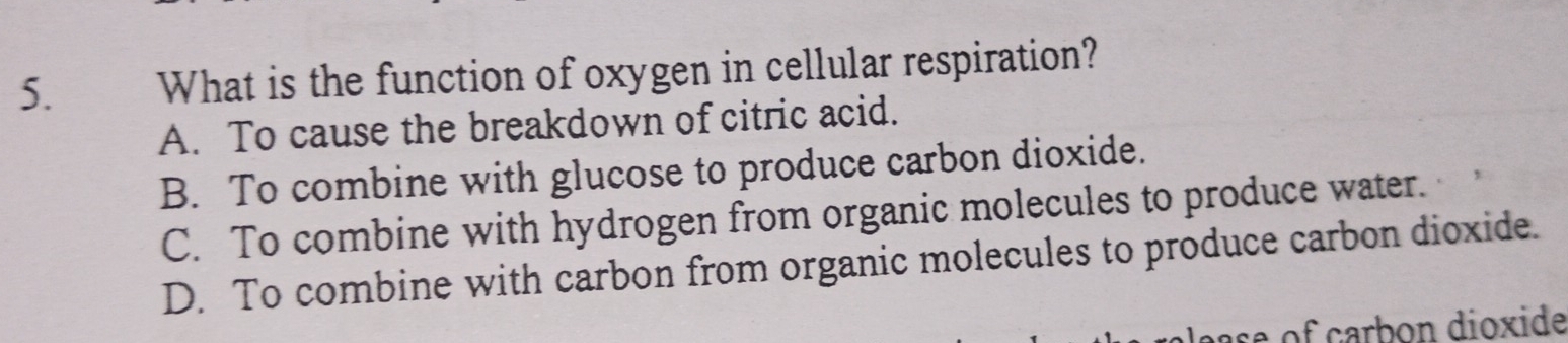 What is the function of oxygen in cellular respiration?
A. To cause the breakdown of citric acid.
B. To combine with glucose to produce carbon dioxide.
C. To combine with hydrogen from organic molecules to produce water.
D. To combine with carbon from organic molecules to produce carbon dioxide.
as e f arbon dioxide