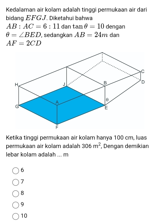 Kedalaman air kolam adalah tinggi permukaan air dari
bidang EFGJ. Diketahui bahwa
AB:AC=6:11 dan tan θ =10 dengan
θ =∠ BED , sedangkan AB=24m dan
AF=2CD
Ketika tinggi permukaan air kolam hanya 100 cm, luas
permukaan air kolam adalah 306m^2 , Dengan demikian
lebar kolam adalah ... m
6
7
8
9
10