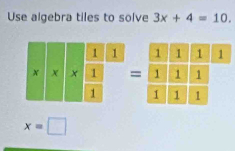 Use algebra tiles to solve 3x+4=10. 

=
x=□