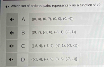 Which set of ordered pairs represents y as a function of x?
A  (0,4),(0,7),(0,0),(0,-6)
B  (0,7),(-2,6),(-3,1),(-1,1)
C  (-8,4),(-7,9),(-7,1),(-3,-1)
D  (-1,4),(-7,9),(3,6),(-7,-1)