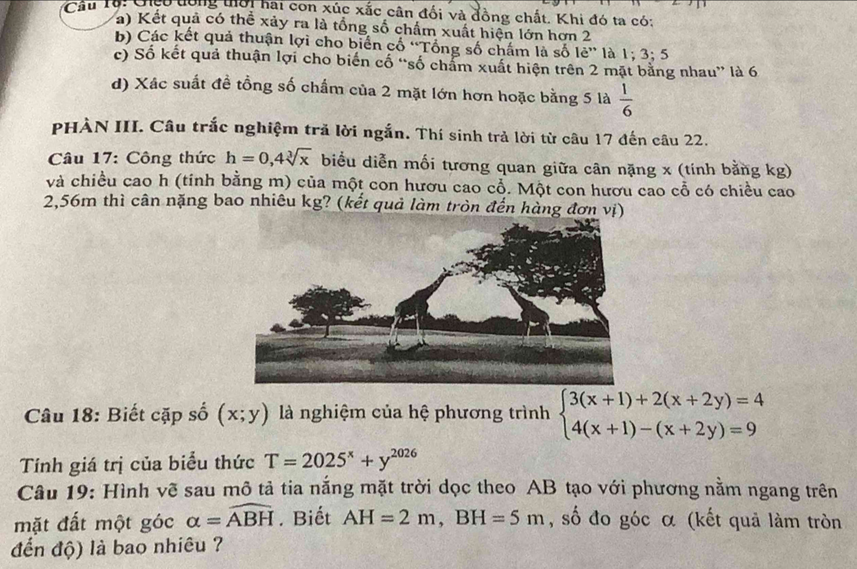 Câu Tọ: Giệo đồng tới hai con xúc xắc cân đối và đồng chất. Khi đó ta có: 
a) Kết quả có thể xảy ra là tổng số chấm xuất hiện lớn hơn 2
b) Các kết quả thuận lợi cho biển cố “Tổng số chấm là số lẻ” là 1; 3; 5
c) Số kết quả thuận lợi cho biến cố “số chẩm xuất hiện trên 2 mặt bằng nhau” là 6
d) Xác suất đề tổng số chẩm của 2 mặt lớn hơn hoặc bằng 5 là  1/6 
PHÀN III. Câu trắc nghiệm tră lời ngắn. Thí sinh trả lời từ câu 17 đến câu 22. 
Câu 17: Công thức h=0,4sqrt[3](x) biểu diễn mối tương quan giữa cân nặng x (tính bằng kg) 
và chiều cao h (tính bằng m) của một con hươu cao cổ. Một con hươu cao cỗ có chiều cao
2,56m thì cân nặng bao nhiêu kg? (kết quả làm tròn đến hàng đơn vị) 
Câu 18: Biết cặp số (x;y) là nghiệm của hệ phương trình beginarrayl 3(x+1)+2(x+2y)=4 4(x+1)-(x+2y)=9endarray.
Tính giá trị của biểu thức T=2025^x+y^(2026)
Câu 19: Hình vẽ sau mô tả tia nắng mặt trời dọc theo AB tạo với phương nằm ngang trên 
mặt đất một góc alpha =widehat ABH. Biết AH=2m, BH=5m , số đo góc α (kết quả làm tròn 
đến độ) là bao nhiêu ?