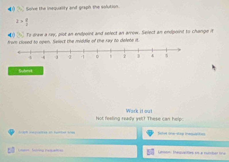 Solve the inequality and graph the solution.
2> g/2 
To draw a ray, plot an endpoint and select an arrow. Select an endpoint to change it 
from closed to open. Select the middle of the ray to delete it. 
Submit 
Work it out 
Not feeling ready yet? These can help: 
Graph inequalities on number tines Selve one-step inequalities 
Csson Sciving (néqualities Lessoni Inequalities on a number line