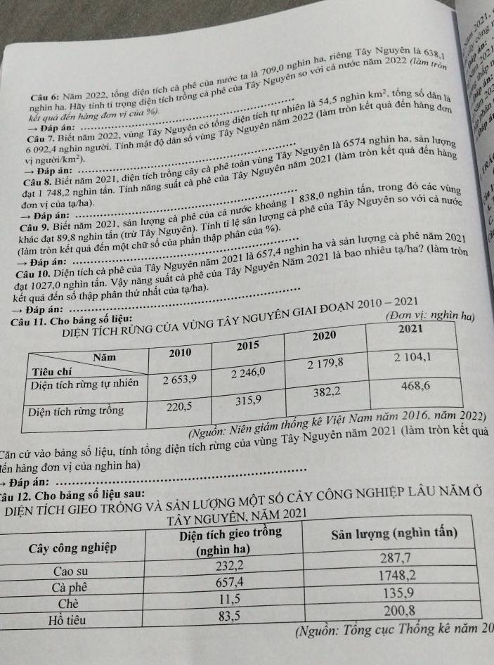 a ô n g
a 
Câu 6: Năm 2022, tổng diện tích cả phê của nước ta là 709,0 nghin ha, riêng Tây Nguyên là 638,
     
nghin ha. Hãy tính tí trọng diện tích trồng cả phê của Tây Nguyên so với cả nước năm 2022 (làm tròn
A 1 D
   
Câu 7. Biết năm 2022, vùng Tây Nguyện có tổng điện tích tự nhiên là 54.5 nghìn km^2 , tổng số dân là      1 ts
kết quả đến hàng đơn vị của %).
→ Đáp án:
6 092.4 nghin người. Tính mật độ dân số vùng Tây Nguyên năm 2022 (làm tròn kết quả đến hàng đơn
vị người. km^2)
Câu 8. Biết năm 2021, diện tích trồng cây cả phê toàn vùng Tây Nguyên là 6574 nghìn ha, sản lượng
→ Đáp án:
đạt 1 748,2 nghìn tần, Tính năng suất cả phê của Tây Nguyên năm 2021 (làm tròn kết quả đến hàng
đơn vị của tạ/ha).
Câu 9. Biết năm 2021, sản lượng cả phê của cả nước khoảng 1 838,0 nghìn tấn, trong đó các vùng
→ Đáp án:
khác đạt 89,8 nghìn tấn (trừ Tây Nguyên). Tỉnh tỉ lệ sản lượng cả phê của Tây Nguyễn so với cả nước
(làm tròn kết quả đến một chữ số của phân thập phân của %).
Câu 10. Diện tích cả phê của Tây Nguyên năm 2021 là 657,4 nghìn ha và sản lượng cả phê năm 2021
→ Đáp án:
đạt 1027,0 nghìn tấn. Vậy năng suất cả phê của Tây Nguyên Năm 2021 là bao nhiêu tạ/ha? (làm tròn
kết quả đến số thập phân thứ nhất của tạ/ha).
→ Đáp án: (Đơn vị: nghìn h
UYÊN GIAI ĐOẠN 2010 - 2021
Căn cứ vào bảng số liệu, tính tổng diện tích rừng của vùng Tây Ng
hến hàng đơn vị của nghìn ha)
+ Đáp án:
lâu 12. Cho bảng số liệu sau:
H GIEO TRÔNG Và SảN LượNG MộT SÓ CÂY CÔNG NGHIỆP LÂU NÃM ở
0