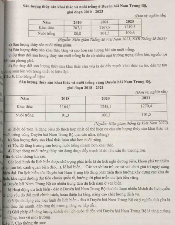 Sản lượng thủy sản khai thác và nuôi trồng ở Duyên hải Nam Trung Bộ,
giai đoạn 2010 - 2023
(Đơn vị: nghìn tấn)
(Nguồn: Niên giám Thống kê Việt Nam 2023, NXB Thống kê 2024)
a) Sản lượng thủy sản nuôi trồng giâm.
b) Sản lượng thủy sản khai thác tăng và cao hơn sản lượng hải sản nuôi trồng.
c) Sự thay đổi sản lượng thủy sản nuôi trồng là đo có nhiều ngư trường trọng điểm lớn, nguồn lợi
hải sản phong phú.
d) Sự thay đổi sản lượng thủy sản khai thác chủ yếu là do đầy mạnh khai thác xa bờ, đầu tư tàu
công suất lớn với trang thiết bị hiện đại.
Câu 5. Cho bảng số liệu:
Sản lượng thủy săn khai thác và nuôi trồng vùng Duyên hải Nam Trung Bộ,
giai đoạn 2018 - 2021
B
nghìn tấn)
(Nguồn:
a) Biểu đồ tròn là dạng biểu đồ thích hợp nhất đề thể hiện cơ cầu sản lượng thủy sản khai thác và
nuôi trồng vùng Duyên hải Nam Trung Bộ qua các năm. (Đúng)
b) Sản lượng thủy sản khai thác luôn nhỏ hơn nuôi trồng.
c) Tốc độ tăng trưởng sản lượng nuôi trồng nhanh hơn khai thác.
d) Hoạt động nuôi trồng thủy sản đang được đầy mạnh là do nhu cầu thị trường lớn.
Câu 6. Cho thông tin sau:
n Các loại hình du lịch biển được chú trọng phát triển là du lịch nghi dưỡng biển, khám phá tự nhiên
(ran san hô, cảnh quan biển đảo,...), lễ hội biển,... Các cơ sở lưu trú, cơ sở vui chơi giải trí ngày càng
hiện đại. Du lịch biển của Duyên hải Nam Trung Bộ đang phát triển theo hướng xây dựng các khu du
lịch, khu nghỉ dưỡng đạt tiêu chuẩn quốc tế, hướng tới phát triển du lịch bền vững.
a) Duyên hải Nam Trung Bộ có nhiều trung tâm du lịch nằm ở ven biển.
b) Hoạt động du lịch biển - đảo ở Duyên hải Nam Trung Bộ thu hút được nhiều khách du lịch quốc
tế chủ yếu do đổi mới chính sách, hoàn thiện hạ tầng, nâng cao chất lượng dịch vụ.
c) Việc đa dạng các loại hình du lịch biển - đảo ở Duyên hải Nam Trung Bộ có ý nghĩa chủ yếu là
khai thác thế mạnh, đáp ứng thị trường, tăng sự hấp đẫn.
d) Giải pháp để tăng lượng khách du lịch quốc tế đến với Duyên hải Nam Trung Bộ là tăng cường
lao động, bảo vệ môi trường.
Câu 7, Cho thông tin sau: