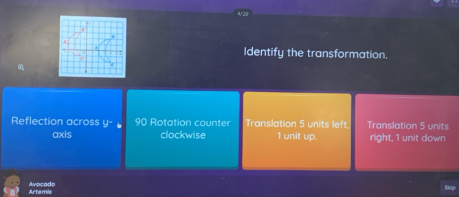 4/20
+ -
.
3 7
C
Identify the transformation.
Reflection across y- 90 Rotation counter Translation 5 units left Translation 5 units
axis clockwise 1 unit up. right, 1 unit down
Avocado
Artemis Skip