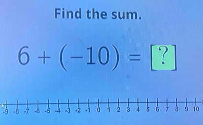 Find the sum.
6+(-10)= ?
-910