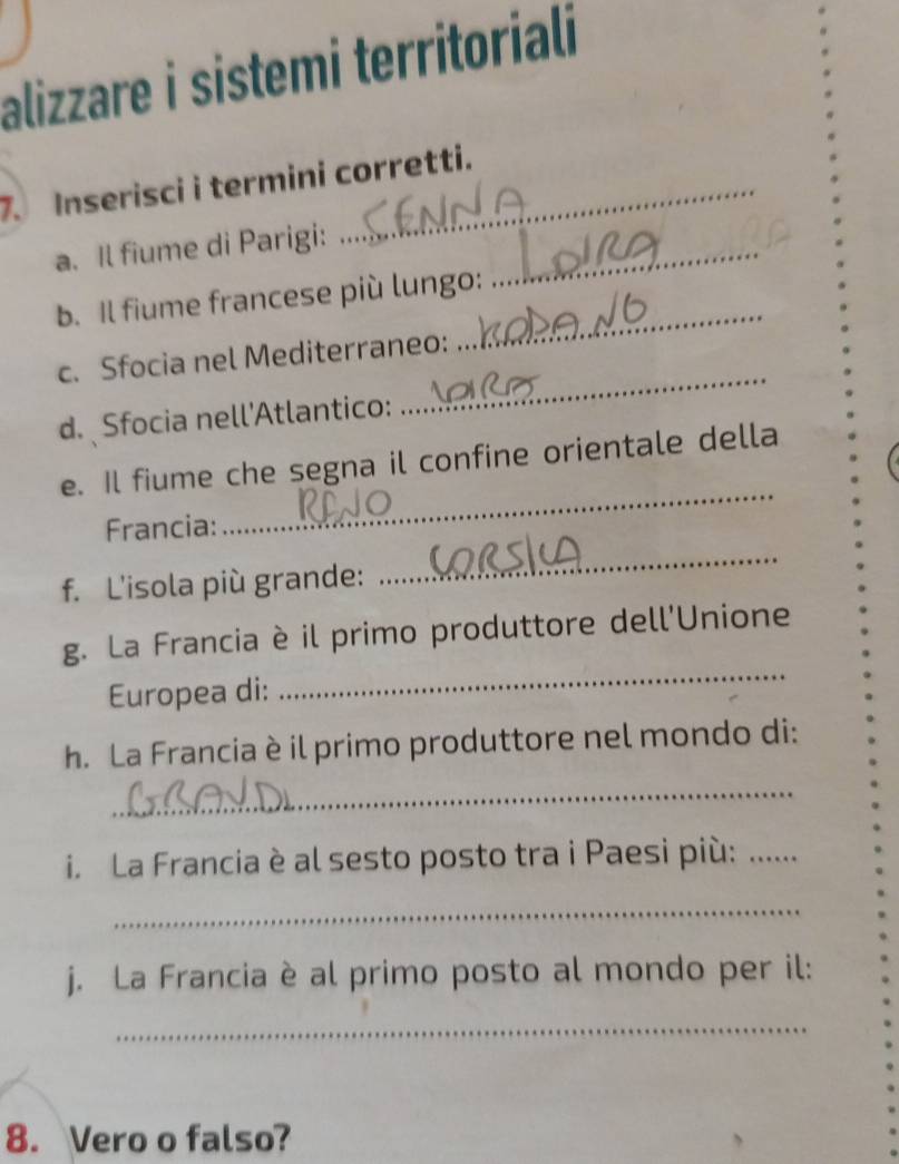 alizzare i sistemi territoriali 
7. Inserisci i termini corretti. 
a. Il fiume di Parigi:_ 
b. Il fiume francese più lungo: 
c. Sfocia nel Mediterraneo: 
_ 
d. Sfocia nell'Atlantico: 
_ 
e. Il fiume che segna il confine orientale della 
_ 
Francia: 
_ 
f. L'isola più grande: 
_ 
g. La Francia è il primo produttore dell'Unione 
Europea di: 
h. La Francia è il primo produttore nel mondo di: 
_ 
i. La Francia è al sesto posto tra i Paesi più:_ 
_ 
j. La Francia è al primo posto al mondo per il: 
_ 
8. Vero o falso?