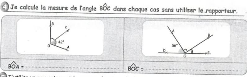 Je calcule la mesure de l'angle Bwidehat OC dans chaque cas sans utiliser le rapporteur.
B
c
42°
0
_ Bwidehat OA=
_ widehat BOC=
_
7^1