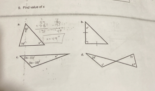 Find value of x
d.
28°
75°
x° _ 67°