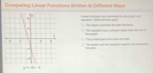 Comparing Linear Functions Written in Different Ways
Limear functions are-expressed by the gragh and
equation. Select all fhat agply
The slope is positive for both funitons.
The equation thas a stiveger sliops than the time in
the graph.
The y -intencept is the same for boh
The graph and the equation express an equivalent
fanctisn
y=-4x-4