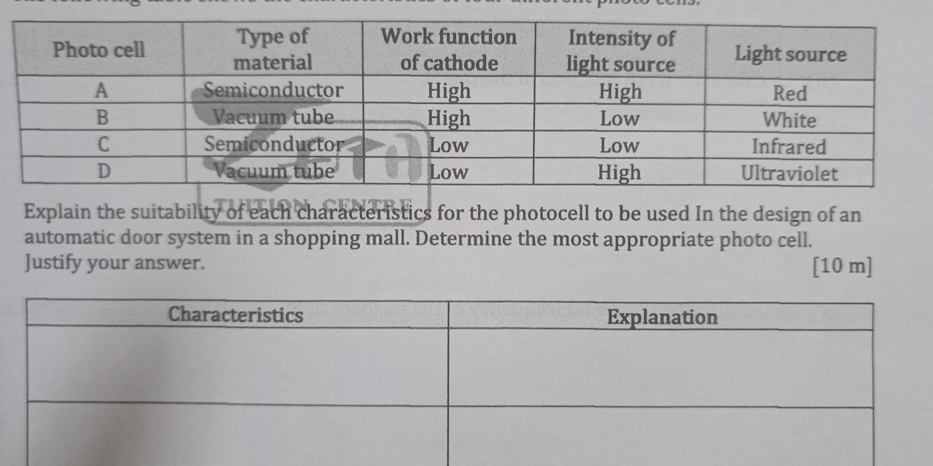 Explain the suitability of each characteristics for the photocell to be used In the design of an 
automatic door system in a shopping mall. Determine the most appropriate photo cell. 
Justify your answer. [ 10 m ]