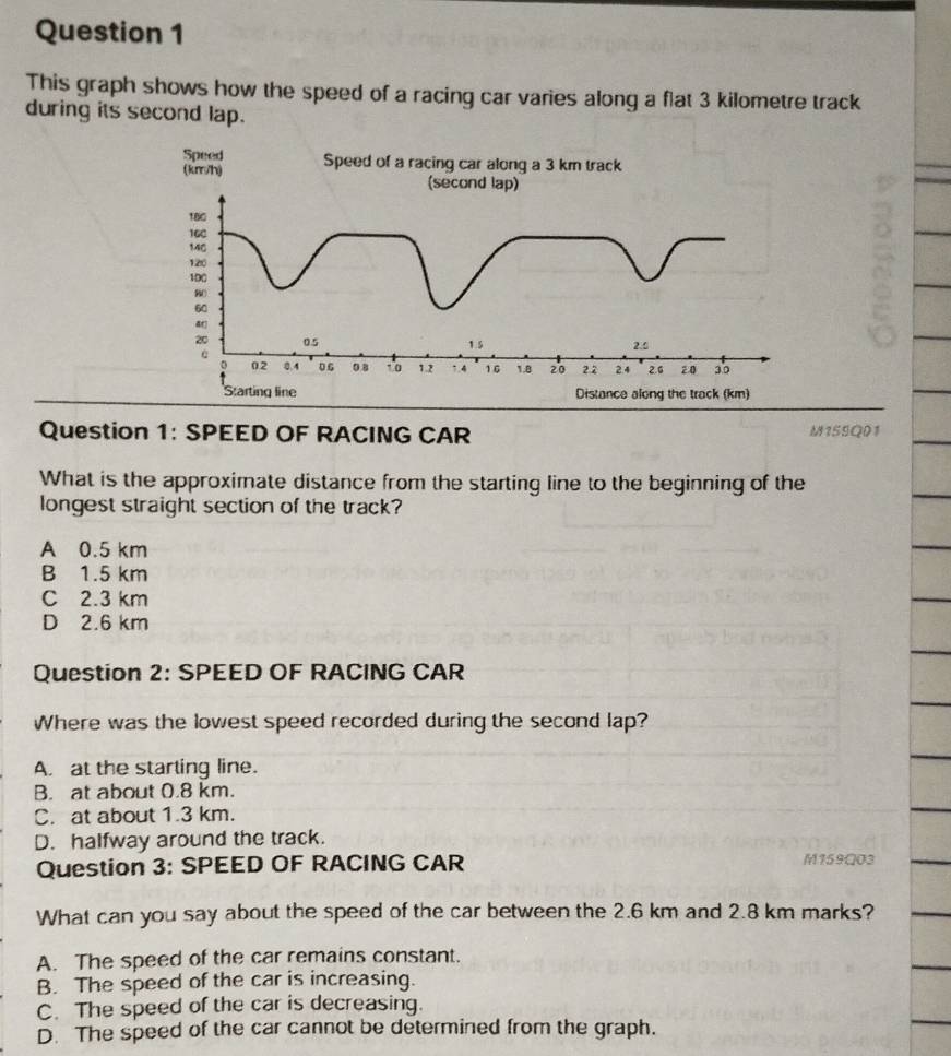 This graph shows how the speed of a racing car varies along a flat 3 kilometre track
during its second lap.
Speed Speed of a racing car along a 3 km track
(km/h) (second lap)
180
160
140
120
100
80
60
&r
20 05 1.5 2.0
。 a2 0.4 0 6 0.8 10 1.2 1.4 16 1.8 20 22 24 2.6 20 35
Starting line Distance along the track (km)
Question 1: SPEED OF RACING CAR M155Q01
What is the approximate distance from the starting line to the beginning of the
longest straight section of the track?
A 0.5 km
B 1.5 km
C 2.3 km
D 2.6 km
Question 2: SPEED OF RACING CAR
Where was the lowest speed recorded during the second lap?
A. at the starting line.
B. at about 0.8 km.
C. at about 1.3 km.
D. halfway around the track.
Question 3: SPEED OF RACING CAR M159Q03
What can you say about the speed of the car between the 2.6 km and 2.8 km marks?
A. The speed of the car remains constant.
B. The speed of the car is increasing.
C. The speed of the car is decreasing.
D. The speed of the car cannot be determined from the graph.