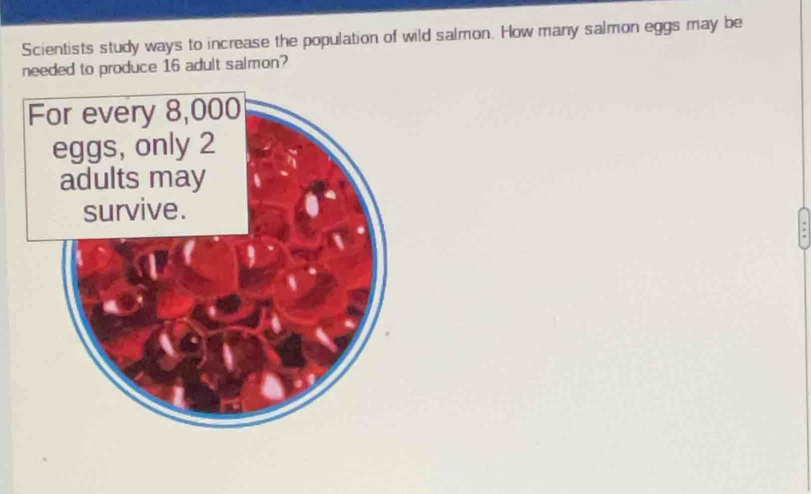 Scientists study ways to increase the population of wild salmon. How many salmon eggs may be 
needed to produce 16 adult salmon?