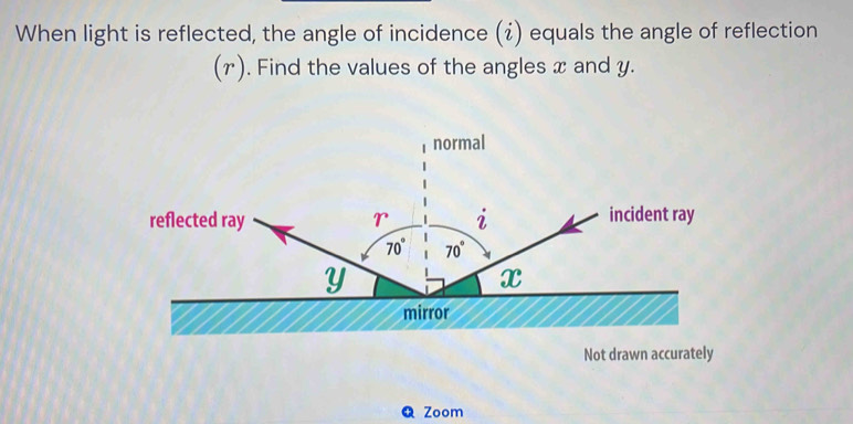 When light is reflected, the angle of incidence (¿) equals the angle of reflection 
(r). Find the values of the angles x and y. 
normal 
reflected ray r i incident ray
70° 70°
Y
x
mirror 
Not drawn accurately 
Q Zoom