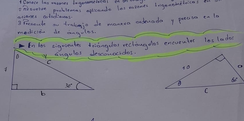 Conoce las vacones frigonomefricas on on trod
2 Resuelve problemas aplicando las vazones frigonometricas an
aciones colidianas.
3 Preseute so trabejo oe manera ordenada y precisa cu la
medicion de angolos.
In los sigoicutes triangolos rectangdlos enevcutre los lados