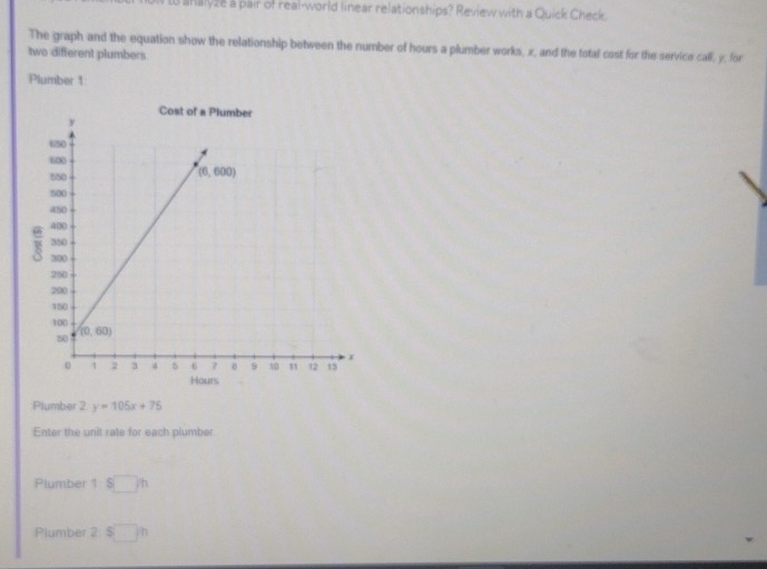 ahalyze a pair of real-world linear relationships? Review with a Quick Check.
The graph and the equation show the relationship between the number of hours a plumber works, x, and the total cost for the service call, y, for
two different plumbers
Plumber 1
Plumber y=105x+75
7
Enter the unit rate for each plumber
Plumber 1 s□ h
Plumber 2 $□ h