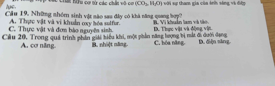 Các chất hữu cơ từ các chất vô cơ (CO_2,H_2O) với sự tham gia của ánh sáng và điệp
lục.
Câu 19. Những nhóm sinh vật nào sau đây có khả năng quang hợp?
A. Thực vật và vi khuẩn oxy hóa sulfur. B. Vi khuần lam và tảo.
C. Thực vật và đơn bào nguyên sinh. D. Thực vật và động vật.
Câu 20. Trong quá trình phần giải hiếu khí, một phần năng lượng bị mất đi dưới dạng
A. cơ năng. B. nhiệt năng.
C. hóa năng. D. điện năng.