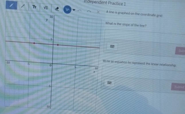 Independent Practice 1 
i 1 sqrt(± ) ine is graphed on the coordinate grid. 
at is the slope of the line? 
Subr 
an equation to represent the linear relationship. 
Submit