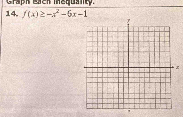 Graph each inequality. 
14. f(x)≥ -x^2-6x-1