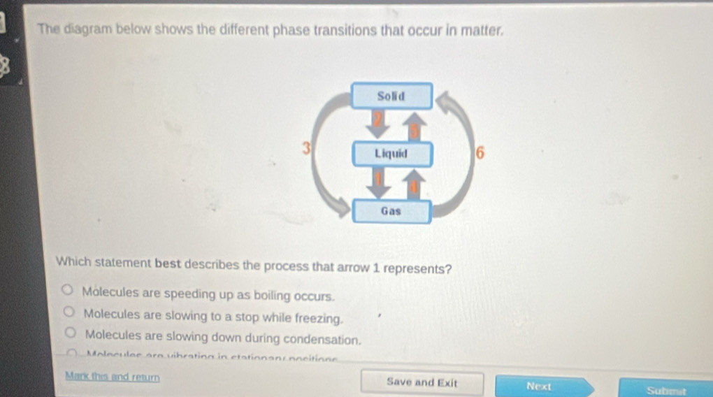 The diagram below shows the different phase transitions that occur in matter.
Which statement best describes the process that arrow 1 represents?
Molecules are speeding up as boiling occurs.
Molecules are slowing to a stop while freezing.
Molecules are slowing down during condensation.
olecu l ee are vihrating in etation anr nocit oee
Mark this and return Save and Exit Next Submit