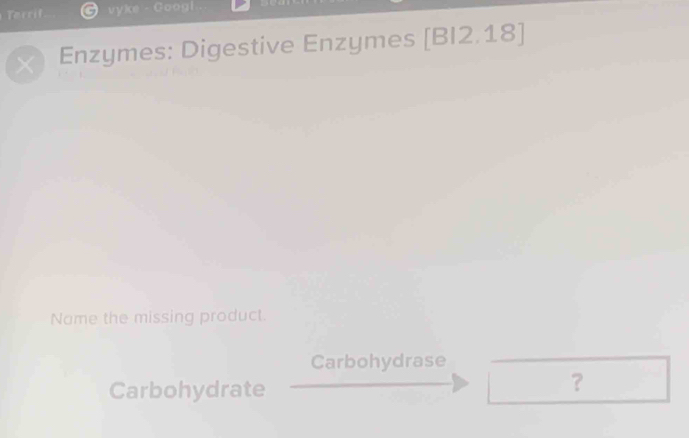 Terrif vyke Googl 
X Enzymes: Digestive Enzymes [BI2.18] 
Name the missing product. 
Carbohydrase 
Carbohydrate 
?