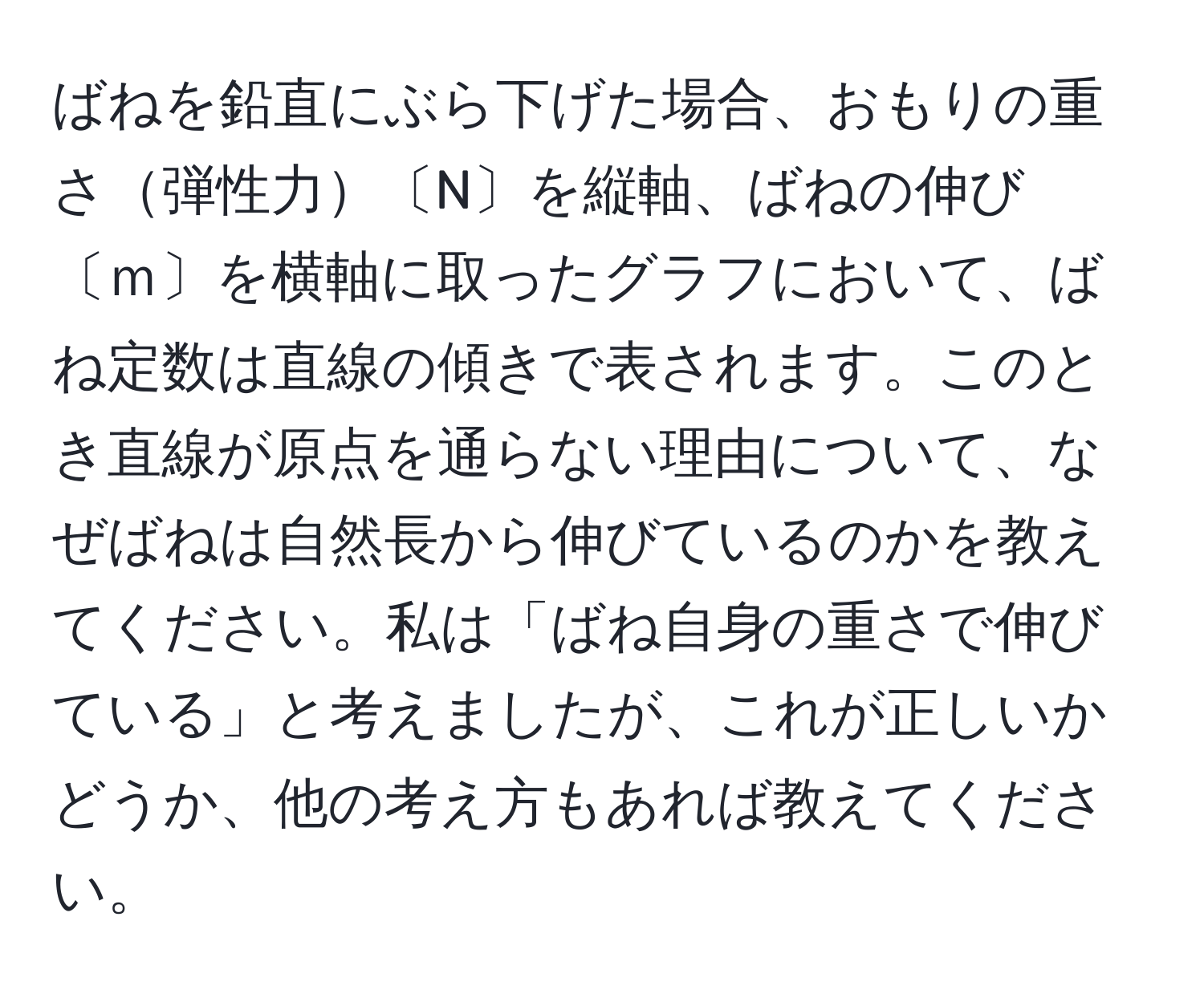 ばねを鉛直にぶら下げた場合、おもりの重さ弾性力〔N〕を縦軸、ばねの伸び〔ｍ〕を横軸に取ったグラフにおいて、ばね定数は直線の傾きで表されます。このとき直線が原点を通らない理由について、なぜばねは自然長から伸びているのかを教えてください。私は「ばね自身の重さで伸びている」と考えましたが、これが正しいかどうか、他の考え方もあれば教えてください。