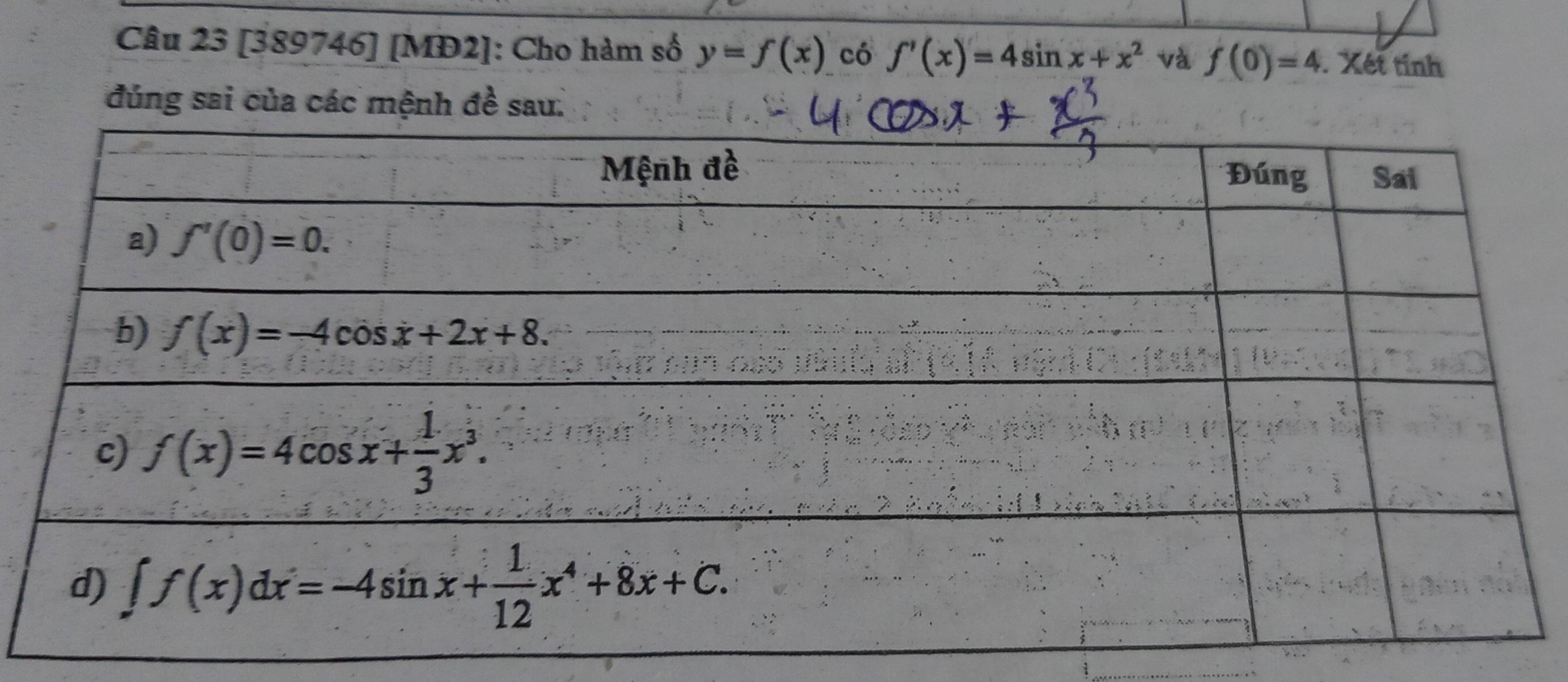 [389746] [MĐ2]: Cho hàm số y=f(x) có f'(x)=4sin x+x^2 và f(0)=4. Xét tỉnh
đúng sai của các mệnh đề sau.