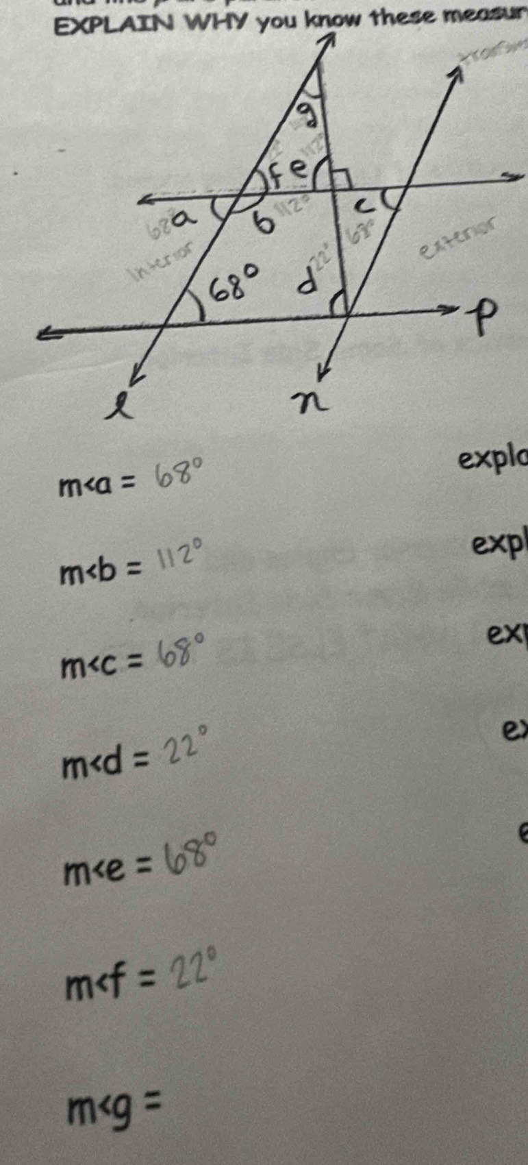 m∠ a=
m
m∠ c=
e)
m∠ d=
m∠ e=
m
m