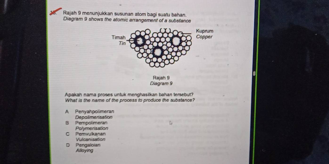 D、 Rajah 9 menunjukkan susunan atom bagi suatu bahan.
Diagram 9 shows the atomic arrangement of a substance
Apakah nama proses untuk menghasilkan bahan tersebut?
What is the name of the process to produce the substance?
A Penyahpolimeran
Depolimensation
B Pempolimeran
Polymenisation
C Pemvulkanan
Vulcanisation
D Pengaloian
Alloying