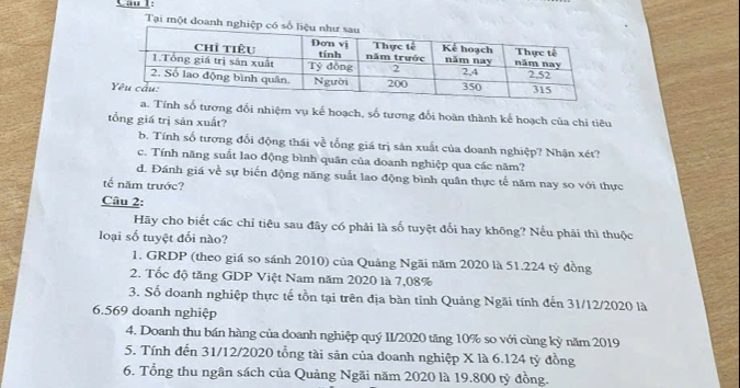 Tại một doanh ngh 
số tương đổi nhiệm vụ kế hoạch, số tương đối hoàn thành kế hoạch của chỉ tiêu 
tổng giá trị sản xuất? 
b. Tính số tương đổi động thái về tổng giá trị sản xuất của doanh nghiệp? Nhận xét? 
c. Tính năng suất lao động bình quân của doanh nghiệp qua các năm? 
d. Đánh giá về sự biến động năng suất lao động bình quân thực tế năm nay so với thực 
tế năm trước? 
Câu 2: 
Hãy cho biết các chỉ tiêu sau đây có phải là số tuyệt đổi hay không? Nếu phải thì thuộc 
loại số tuyệt đối nào? 
1. GRDP (theo giá so sánh 2010) của Quảng Ngãi năm 2020 là 51.224 tỷ đồng 
2. Tốc độ tăng GDP Việt Nam năm 2020 là 7,08%
3. Số doanh nghiệp thực tế tồn tại trên địa bàn tỉnh Quảng Ngãi tính đến 31/12/2020 là
6.569 doanh nghiệp 
4. Doanh thu bán hàng của doanh nghiệp quý II/2020 tăng 10% so với cùng kỳ năm 2019
5. Tính đến 31/12/2020 tổng tài sản của doanh nghiệp X là 6.124 tỷ đồng 
6. Tổng thu ngân sách của Quảng Ngãi năm 2020 là 19.800 tỷ đồng.