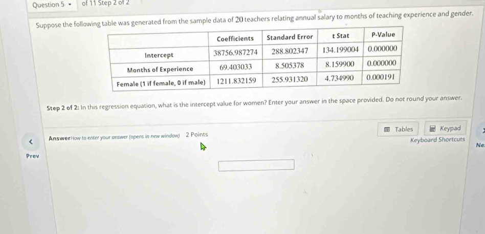 Suppose the folled from the sample data of 20 teachers relating annual salary to months of teaching experience and gender. 
Step 2 of 2: In this regression equation, what is the intercept value for women? Enter your answer in the space provided. Do not round your answer. 
Tables 
< AnswerHow to enter your answer (opens in new window) 2 Points h Keypad 
Keyboard Shortcuts 
Ne 
Prev