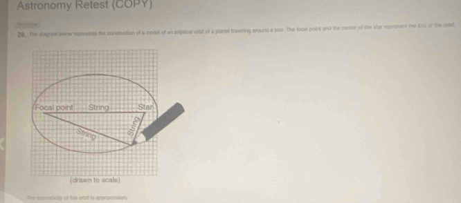 Astronomy Retest (COPY)
29. The diagnam below represents the construstion of a model of an eliptlical orbit of a planel traveling around a star. The focal point and the center of the star reprossent the loc of the orbl
The ecoentricity of this orbil is approximately