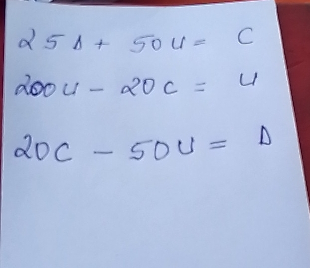 25Delta +50u=C
200u-20c=u
20c-50c=Delta