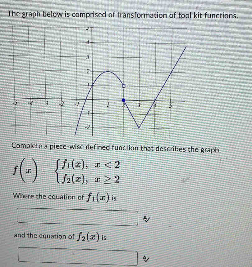 The graph below is comprised of transformation of tool kit functions.
Complete a piece-wise defined function that describes the graph.
f(x)=beginarrayl f_1(x),x<2 f_2(x),x≥ 2endarray.
Where the equation of f_1(x) is
and the equation of f_2(x) is
~