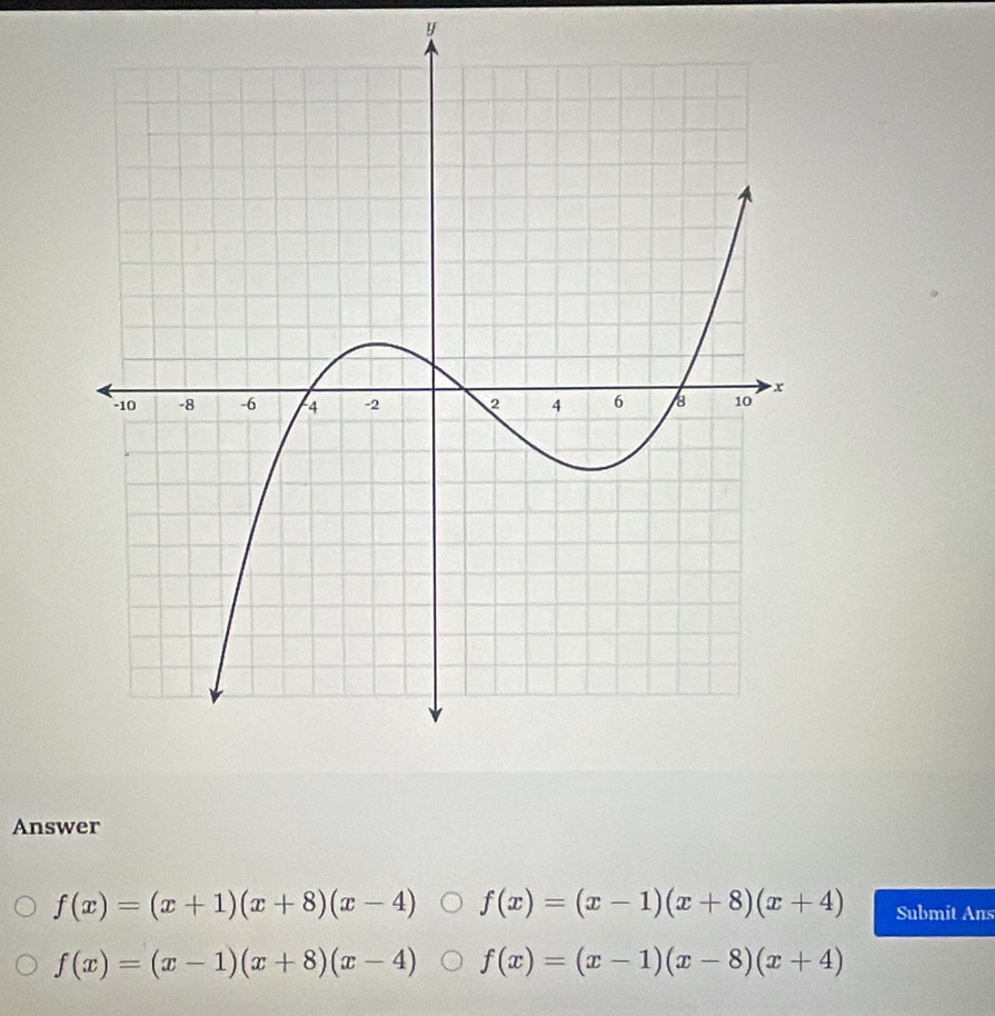 y
Answer
f(x)=(x+1)(x+8)(x-4) f(x)=(x-1)(x+8)(x+4) Submit Ans
f(x)=(x-1)(x+8)(x-4) f(x)=(x-1)(x-8)(x+4)