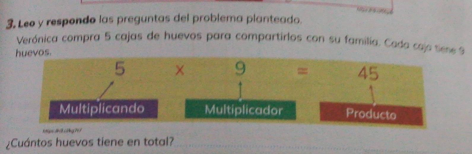 Leo y respondo las preguntas del problema planteado. 
Verónica compra 5 cajas de huevos para compartirlos con su familia. Cada caja tiene 9
huevos.
5
×
9
=
45
Multiplicando Multiplicador 
Producto 
htips./n9s1kg7f7 
¿Cuántos huevos tiene en total?_