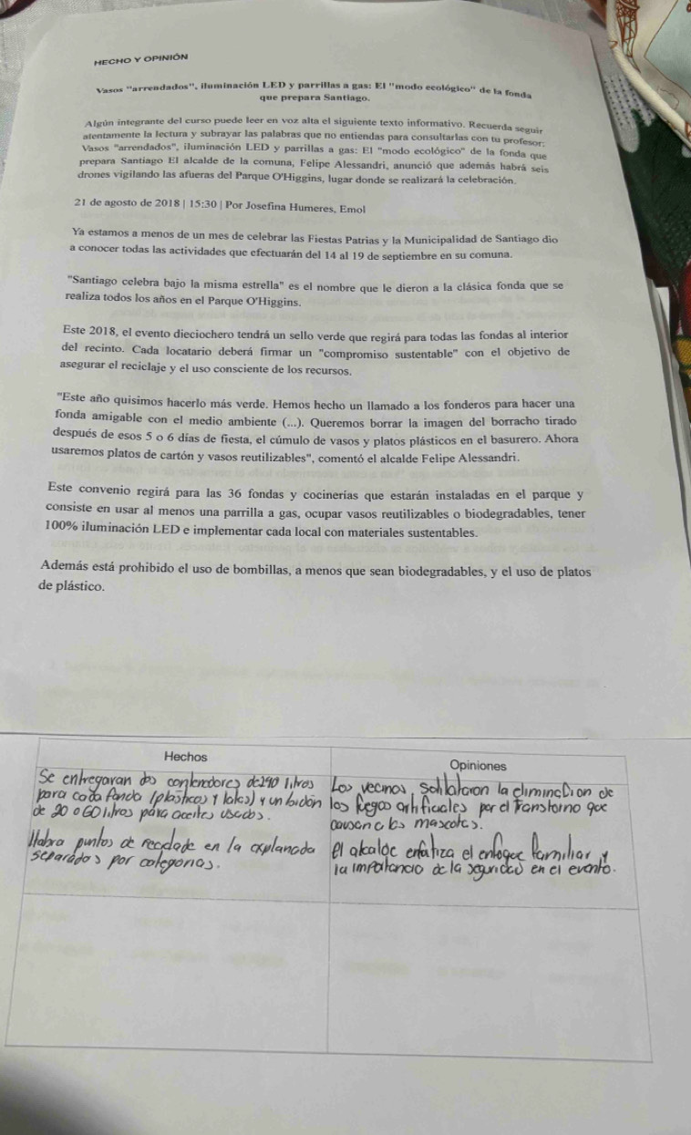 HECHO Y OPINIÓN
Vasos "arreadados", iluminación LED y parrillas a gas: El "modo ecológico" de la fonda
que prepara Santiago.
Algún integrante del curso puede leer en voz alta el siguiente texto informativo. Recuerda seguir
atentamente la lectura y subrayar las palabras que no entiendas para consultarlas con tu profesor.
Vasos ''arrendados', iluminación LED y parrillas a gas: El ''modo ecológico' de la fonda que
prepara Santiago El alcalde de la comuna, Felipe Alessandri, anunció que además habrá seis
drones vigilando las afueras del Parque O'Higgins, lugar donde se realizará la celebración.
21 de agosto de 2018 | | 5:3 0 | Por Josefina Humeres, Emol
Ya estamos a menos de un mes de celebrar las Fiestas Patrias y la Municipalidad de Santiago dio
a conocer todas las actividades que efectuarán del 14 al 19 de septiembre en su comuna.
'Santiago celebra bajo la misma estrella' es el nombre que le dieron a la clásica fonda que se
realiza todos los años en el Parque O'Higgins.
Este 2018, el evento dieciochero tendrá un sello verde que regirá para todas las fondas al interior
del recinto. Cada locatario deberá firmar un 'compromiso sustentable" con el objetivo de
asegurar el reciclaje y el uso consciente de los recursos.
'Este año quisimos hacerlo más verde. Hemos hecho un llamado a los fonderos para hacer una
fonda amigable con el medio ambiente (...). Queremos borrar la imagen del borracho tirado
después de esos 5 o 6 días de fiesta, el cúmulo de vasos y platos plásticos en el basurero. Ahora
usaremos platos de cartón y vasos reutilizables", comentó el alcalde Felipe Alessandri.
Este convenio regirá para las 36 fondas y cocinerías que estarán instaladas en el parque y
consiste en usar al menos una parrilla a gas, ocupar vasos reutilizables o biodegradables, tener
100% iluminación LED e implementar cada local con materiales sustentables.
Además está prohibido el uso de bombillas, a menos que sean biodegradables, y el uso de platos
de plástico.