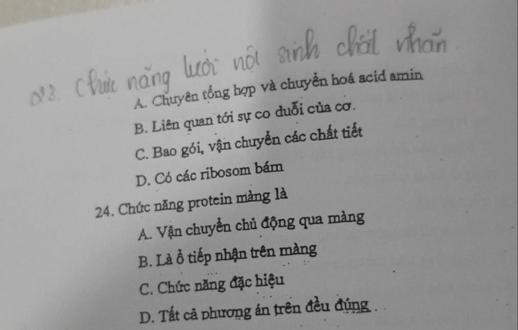 A. Chuyên tổng hợp và chuyển hoá acid amin
B. Liên quan tới sự co duỗi của cơ.
C. Bao gói, vận chuyển các chất tiết
D. Có các ribosom bám
24. Chức năng protein màng là
A. Vận chuyển chủ động qua màng
B. Là ổ tiếp nhận trên màng
C. Chức năng đặc hiệu
D. Tất cả phương án trên đều đúng