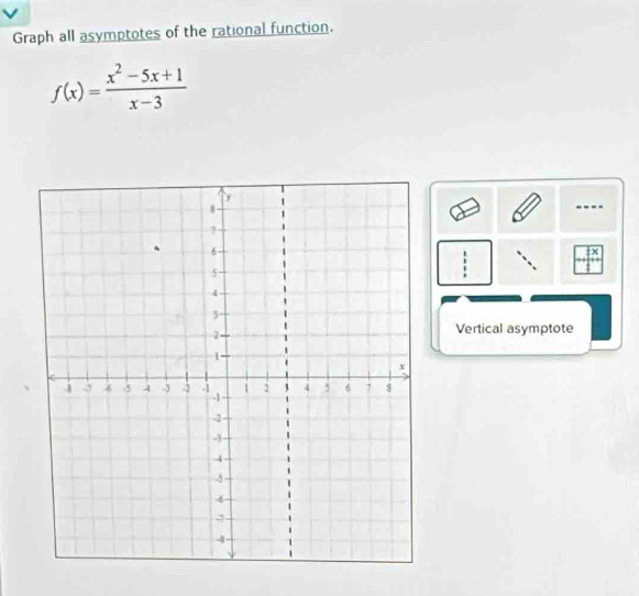 Graph all asymptotes of the rational function.
f(x)= (x^2-5x+1)/x-3 
Vertical asymptote