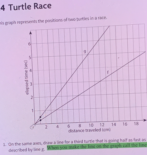 Turtle Race 
his graph represents the positions of two turtles in a race. 
1. On the same axes, draw a line for a third turtle that is going half as fast as 
described by line g. When you make the line on the graph call the line